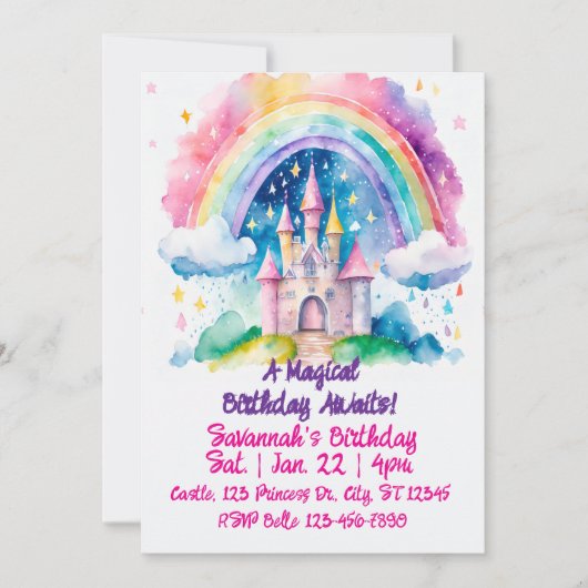 Magical Rainbow Watercolor Fantasy Castle Birthday Einladung (Vorderseite)