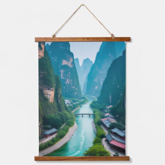 Magical River Valley - Karst Mountain Serernity Wandteppich Mit Holzrahmen (Vorderseite)