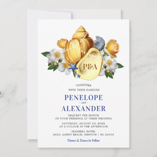 Magical Seashell Floral Beach Wedding Einladung (Vorderseite)
