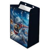 Magical Snowy Christmas Train Winter Scene Mittlere Geschenktüte (Rückseite Schrägansicht)