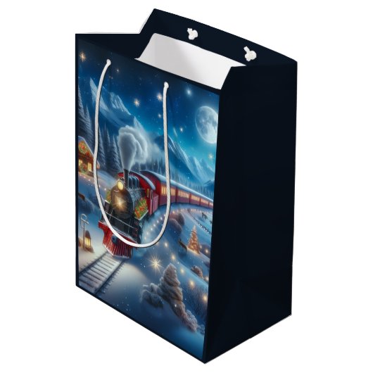 Magical Snowy Christmas Train Winter Scene Mittlere Geschenktüte (Rückseite Schrägansicht)