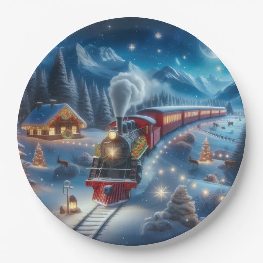 Magical Snowy Christmas Train Winter Scene Pappteller (Vorderseite)