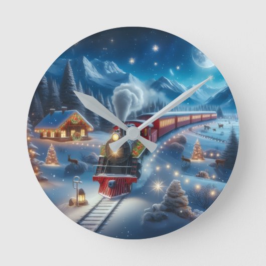 Magical Snowy Christmas Train Winter Scene Runde Wanduhr (Vorderseite)