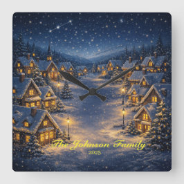 Magical Snowy Christmas village at night Quadratische Wanduhr