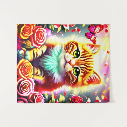 "Magical Tabby Cat with Roses and Butterfly Art Pr Wandteppich (Vorderseite (Horizontal))