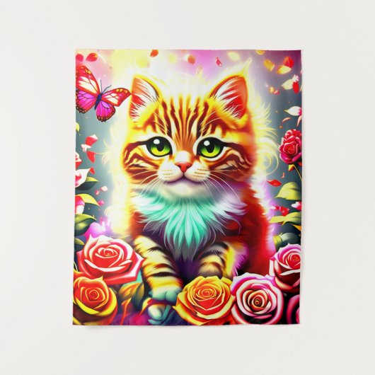 "Magical Tabby Cat with Roses and Butterfly Art Pr Wandteppich (Vorderseite)
