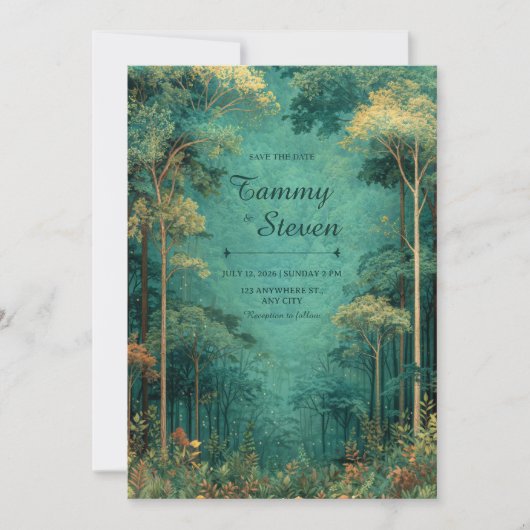 Magical Teal Forest Firefly Wedding Einladung (Vorderseite)