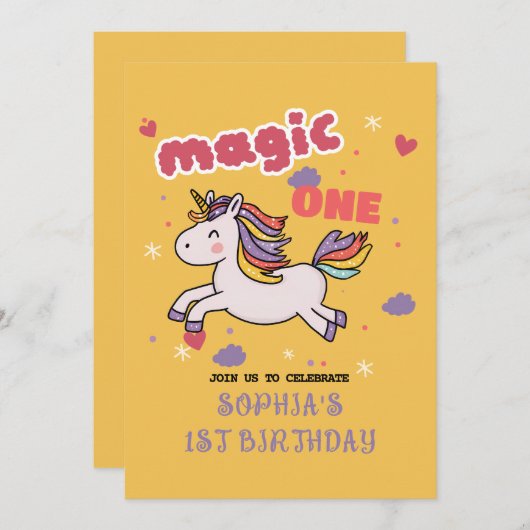 Magical Unicorn 1. Geburtstag Einladung (Vorne/Hinten)