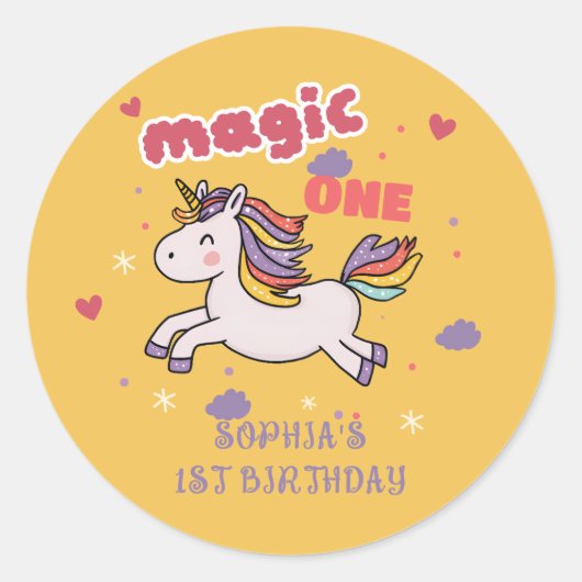 Magical Unicorn 1st Birthday Invitation Runder Aufkleber (Vorderseite)