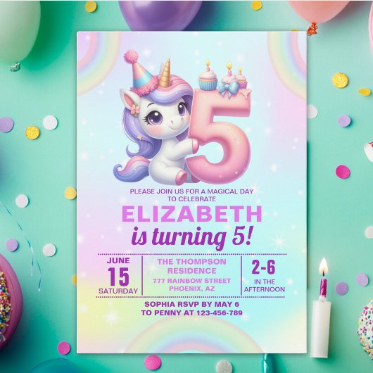 Magical Unicorn 5th Birthday – Rainbow theme Einladung