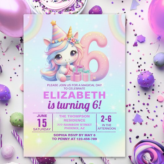 Magical Unicorn 6th Birthday – Rainbow Einladung