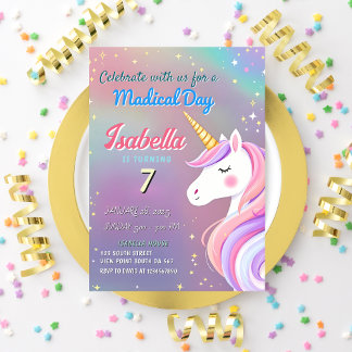 Magical Unicorn 7. Geburtstag Pastel Rainbow Thema Einladung