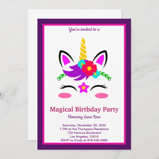 Magical Unicorn Birthday Einladung (Vorne/Hinten)