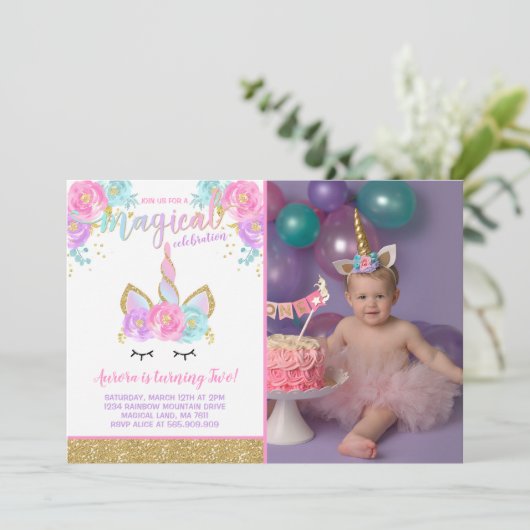Magical Unicorn Birthday Einladung Unicorn Party (Stehend Vorderseite)