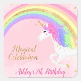 Magical Unicorn Birthday | Gold Rainbow Quadratischer Aufkleber