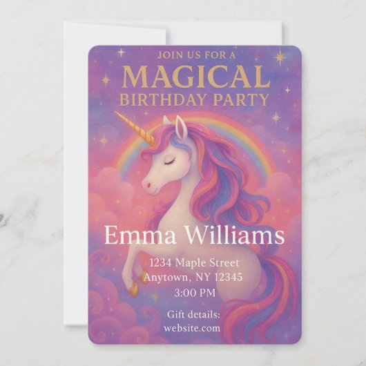 Magical Unicorn Birthday | Rosa, Gold, Fantasie Einladung (Vorderseite)