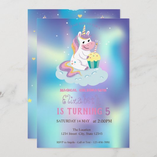 Magical Unicorn Blue Holographic Birthday Einladung (Vorne/Hinten)
