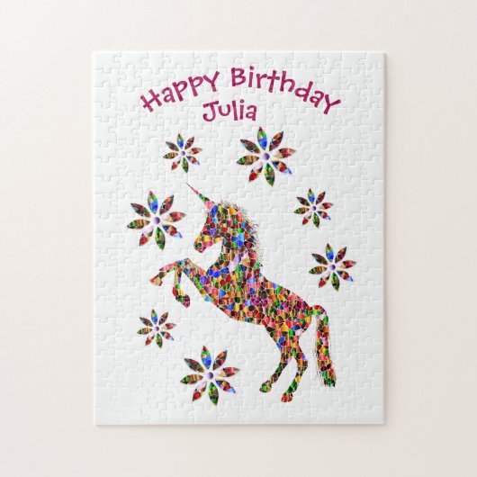 Magical Unicorn Blume Happy Birthday Personalize Puzzle (Vertikal)