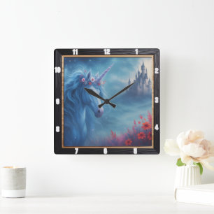 Magical Unicorn Burg Fantasy Quadratische Wanduhr