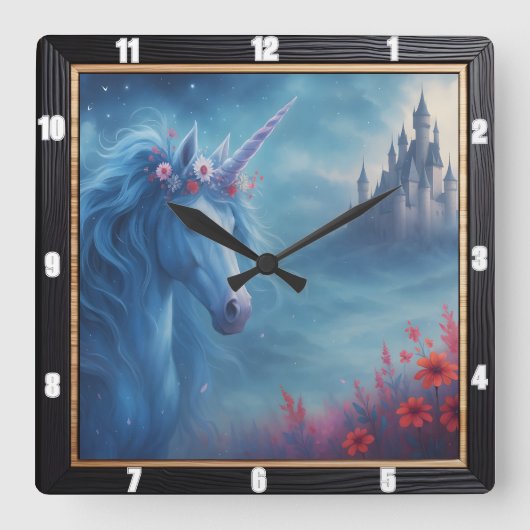 Magical Unicorn Burg Fantasy Quadratische Wanduhr (Vorderseite)