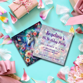 Magical Unicorn Colorful Floral Girls Geburtstag Einladung