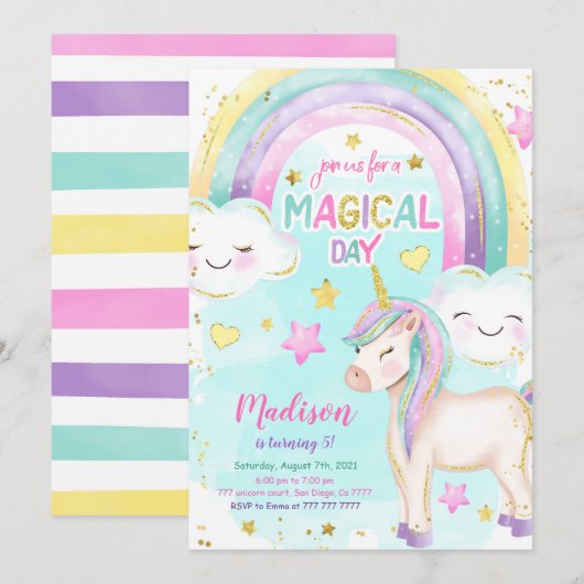 Magical Unicorn Einladung zum Geburtstag (Vorne/Hinten)