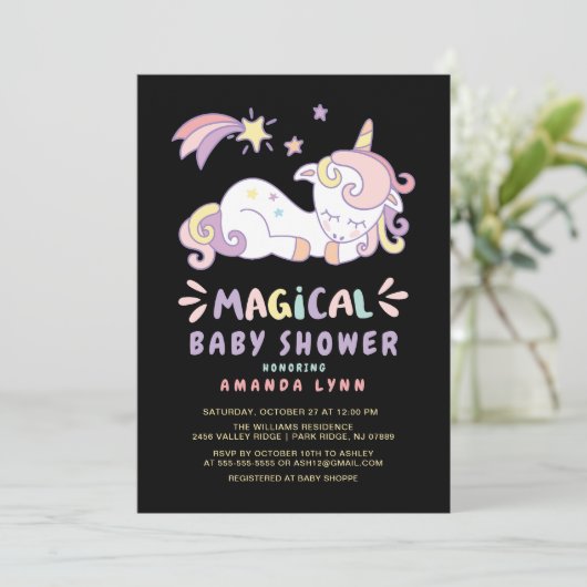 Magical Unicorn Kinderdusche Einladung (Stehend Vorderseite)