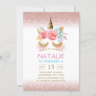 Magical Unicorn Moderne Rose Gold Glitzer Geburtst Einladung
