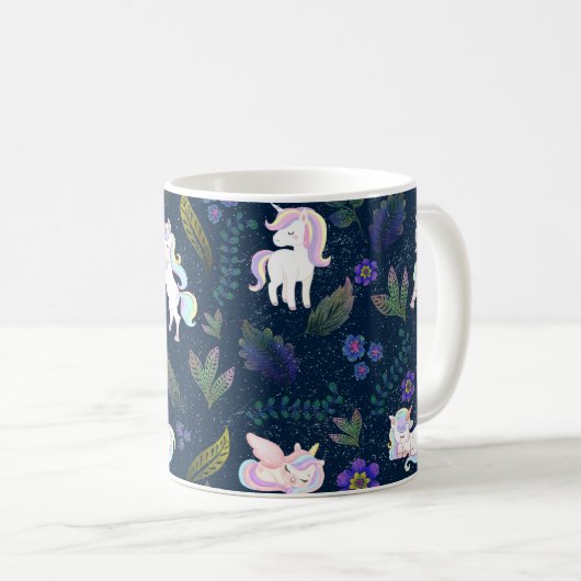 Magical Unicorn Night Forest Seamless Pattern Kaffeetasse (VorderseiteRechts)