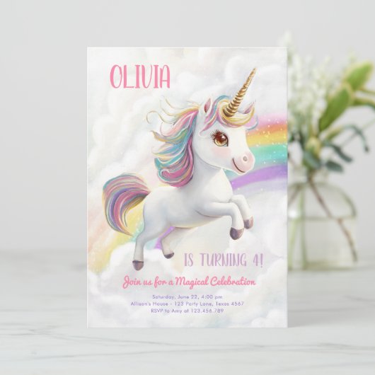 Magical Unicorn Party Rainbow Girl Pastel Geburtst Einladung (Stehend Vorderseite)