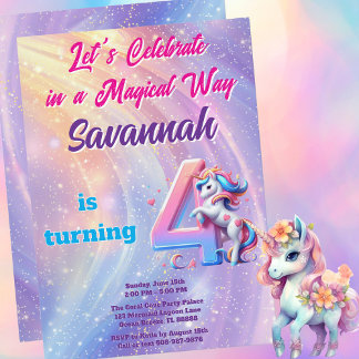 Magical Unicorn Pastel 4. Geburtstag Party Einladung