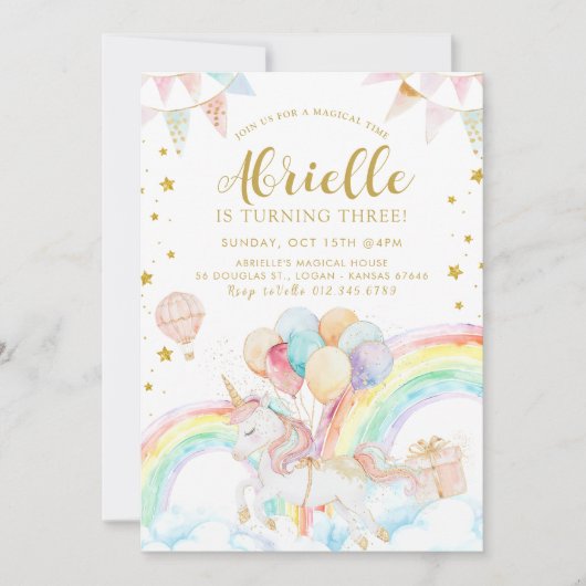 Magical Unicorn Pastel Rainbow Gold Glitzer Bday Einladung (Vorderseite)