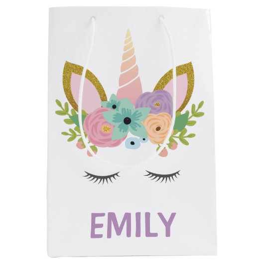 Magical Unicorn Personalisierter Name Glitzer mädc Mittlere Geschenktüte (Vorderseite)