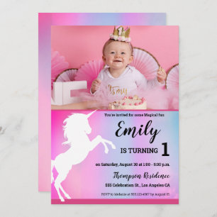 Magical Unicorn Pink Custom Foto 1. Geburtstag Einladung