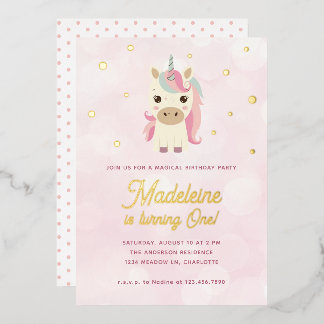 Magical Unicorn Pink Gold Punkte 1. Geburtstag Folieneinladung