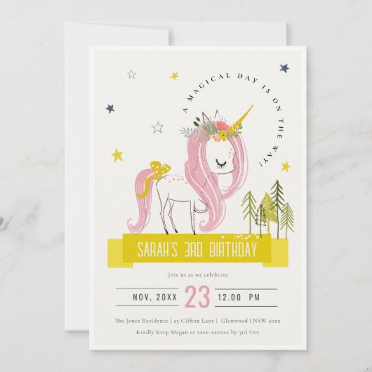 Magical Unicorn Pink Yellow Kids Birthday Photo Einladung (Vorderseite)