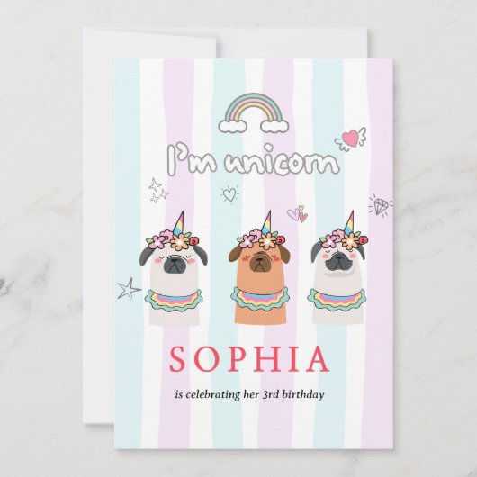 Magical Unicorn Pug Birthday Invitation Einladung (Vorderseite)