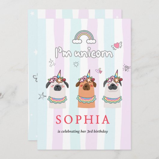 Magical Unicorn Pug Birthday Invitation Einladung (Vorne/Hinten)