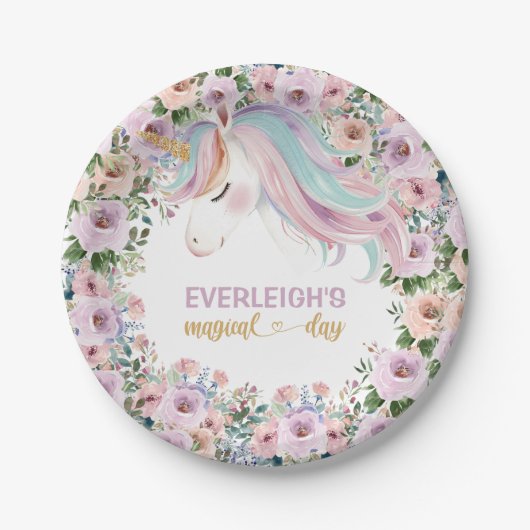 Magical Unicorn Purple Flower 1st birthday Pappteller (Vorderseite)