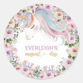 Magical Unicorn Purple Flower 1st birthday Runder Aufkleber (Vorderseite)