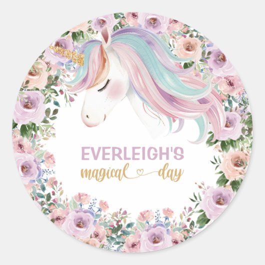Magical Unicorn Purple Flower 1st birthday Runder Aufkleber (Vorderseite)