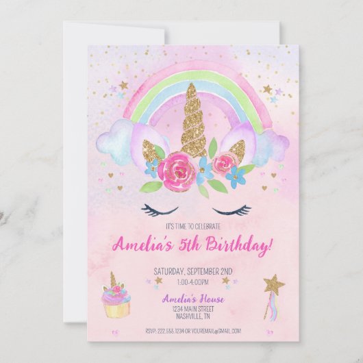 Magical Unicorn Rainbow Birthday Einladung (Vorderseite)