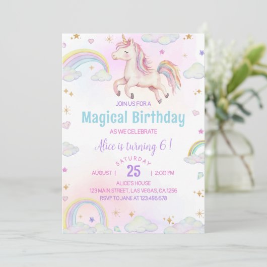 Magical Unicorn Rainbow Birthday Einladung (Stehend Vorderseite)