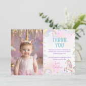 Magical Unicorn Rainbow Birthday Foto Dankeskarte (Stehend Vorderseite)