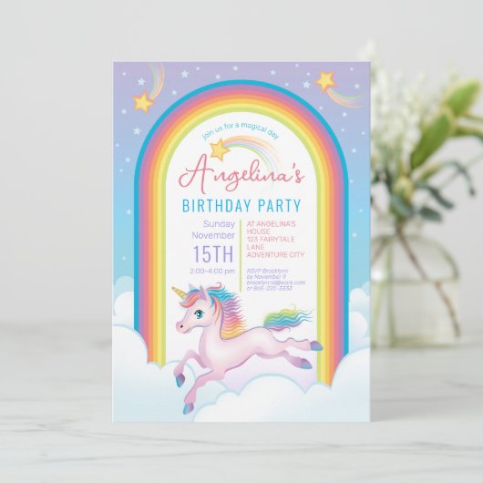 Magical Unicorn Rainbow Birthday Party Einladung (Stehend Vorderseite)