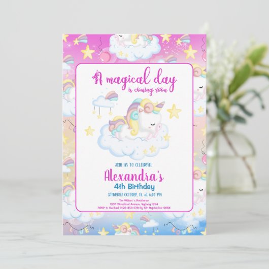 Magical Unicorn Rainbow Birthday Party Einladung (Stehend Vorderseite)