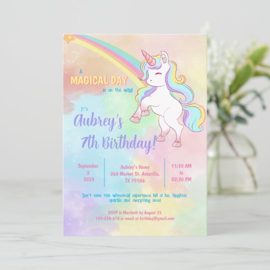 Magical Unicorn Rainbow Einladung (Stehend Vorderseite)