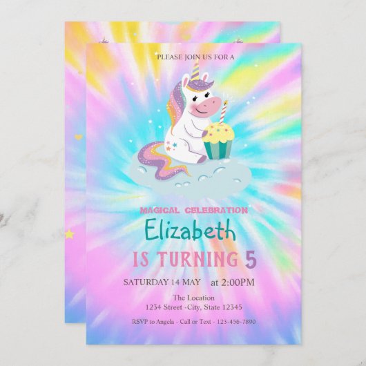 Magical Unicorn Rainbow Gefärbte Krawatte Geburtst Einladung (Vorne/Hinten)