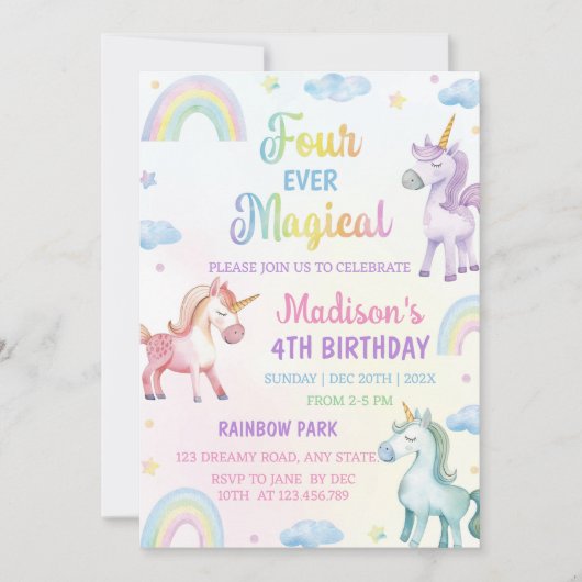 Magical Unicorn Rainbow Pastel Birthday Einladung (Vorderseite)