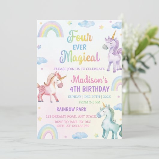 Magical Unicorn Rainbow Pastel Birthday Einladung (Stehend Vorderseite)